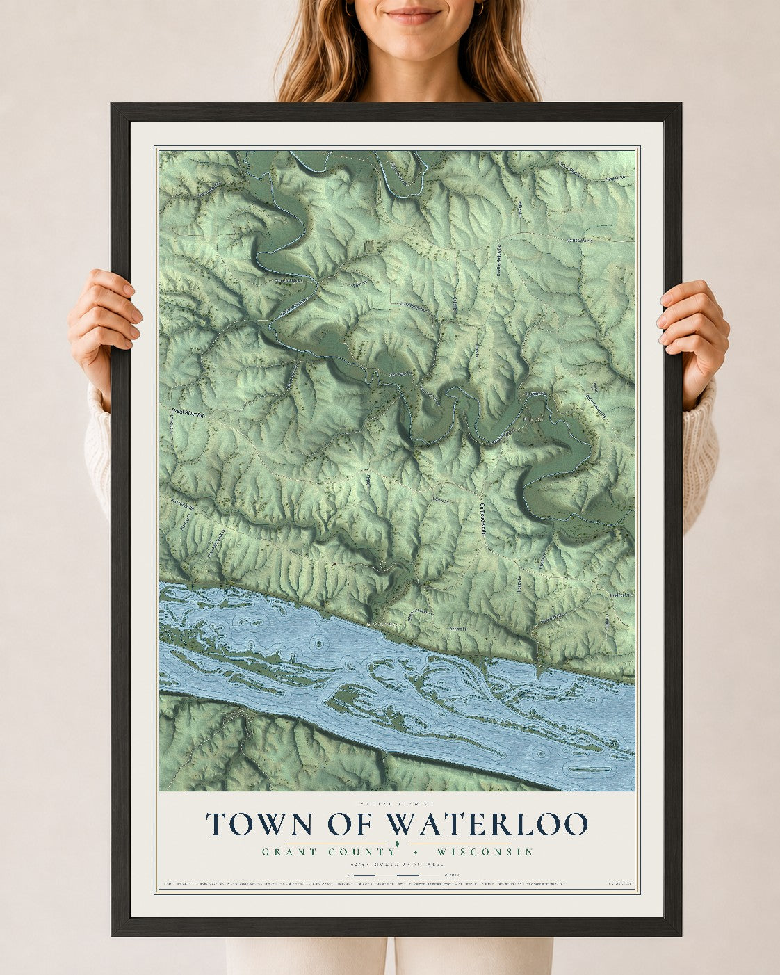 Map of the Town of Waterloo, Grant County, Wisconsin, 24 x 36 inch print in a black wood frame
