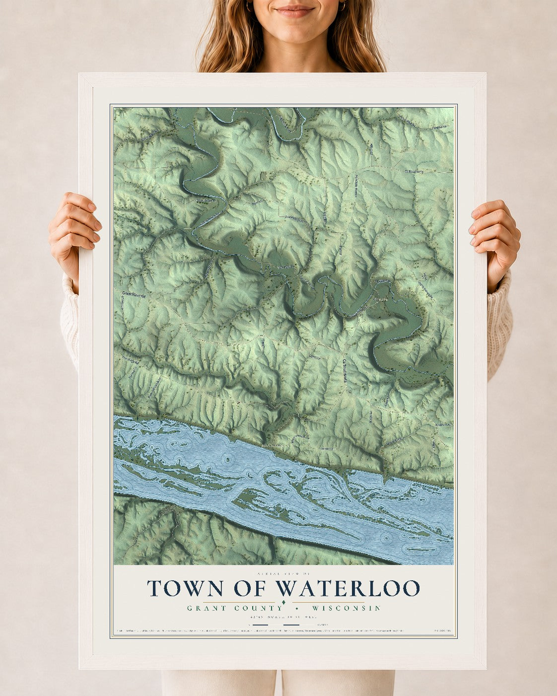 Map of the Town of Waterloo, Grant County, Wisconsin, 24 x 36 inch print in a white wood frame