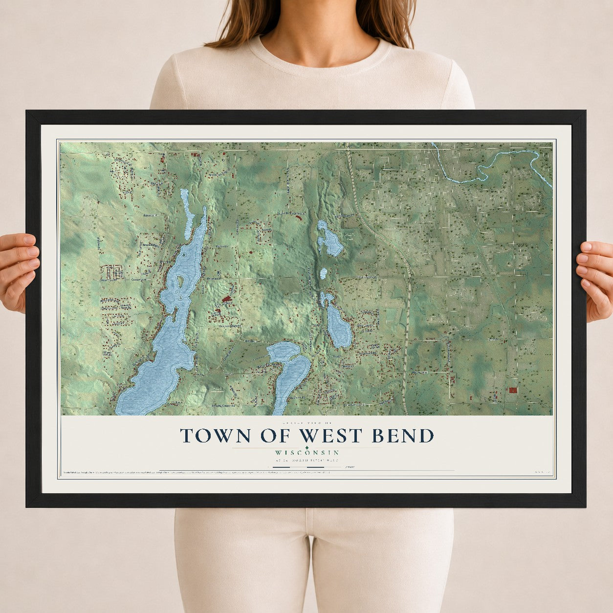 Map of the Town of West Bend, Wisconsin, 18 x 24 inch print in a black wood frame