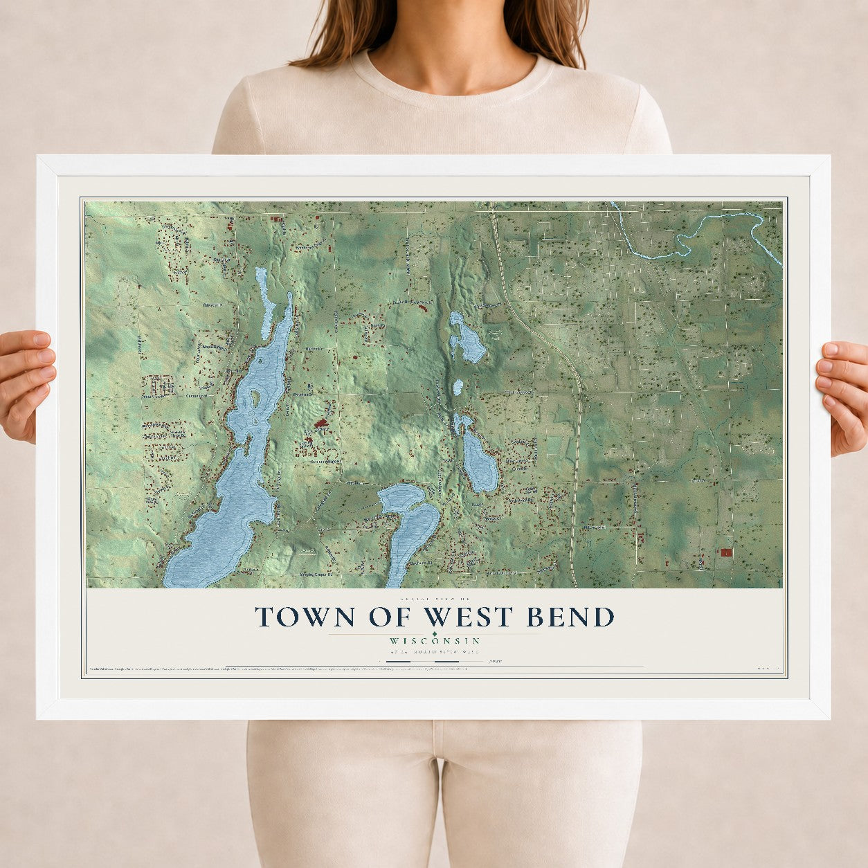 Map of the Town of West Bend, Wisconsin, 18 x 24 inch print in a white wood frame