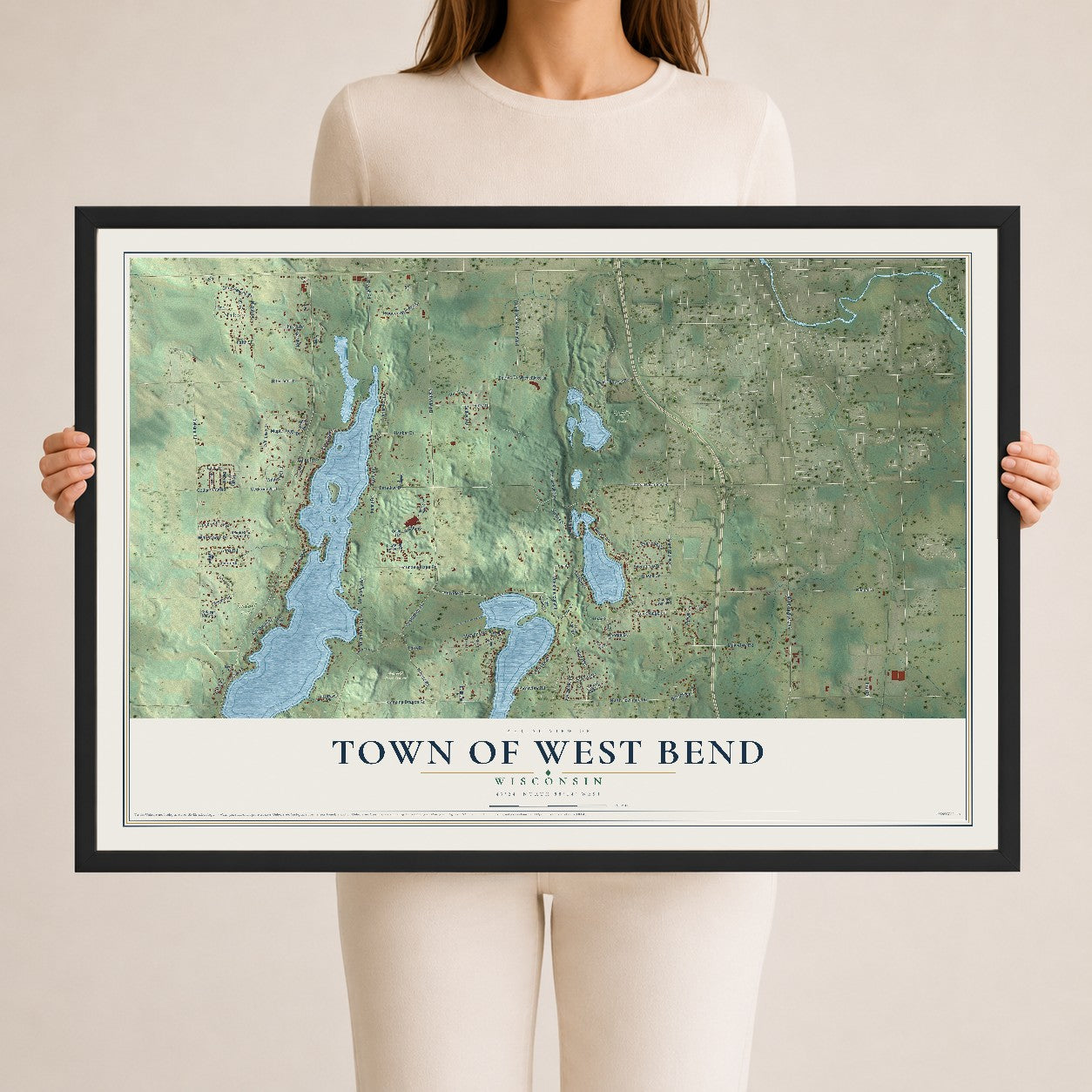 Map of the Town of West Bend, Wisconsin, 24 x 36 inch print in a black wood frame