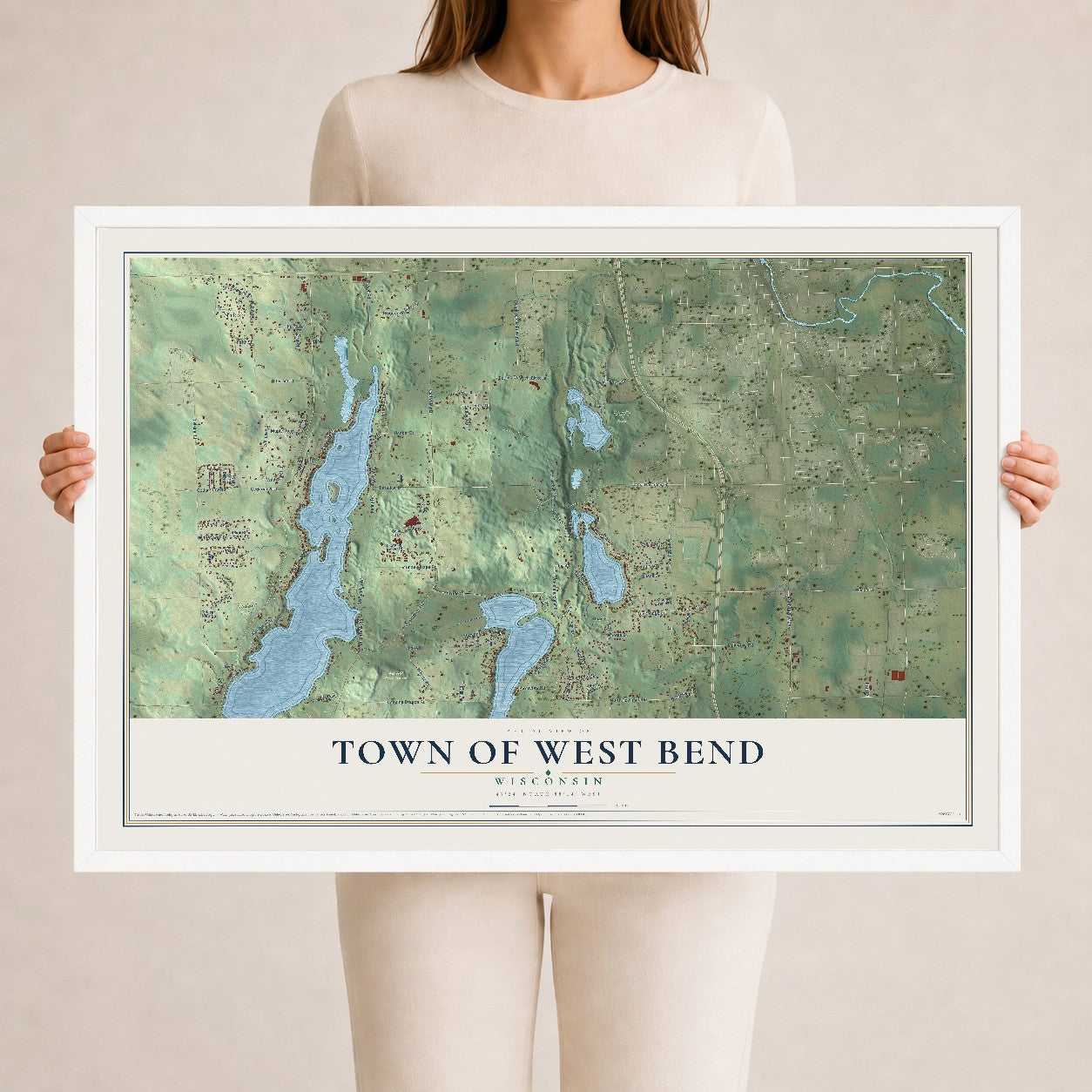 Map of the Town of West Bend, Wisconsin, 24 x 36 inch print in a white wood frame