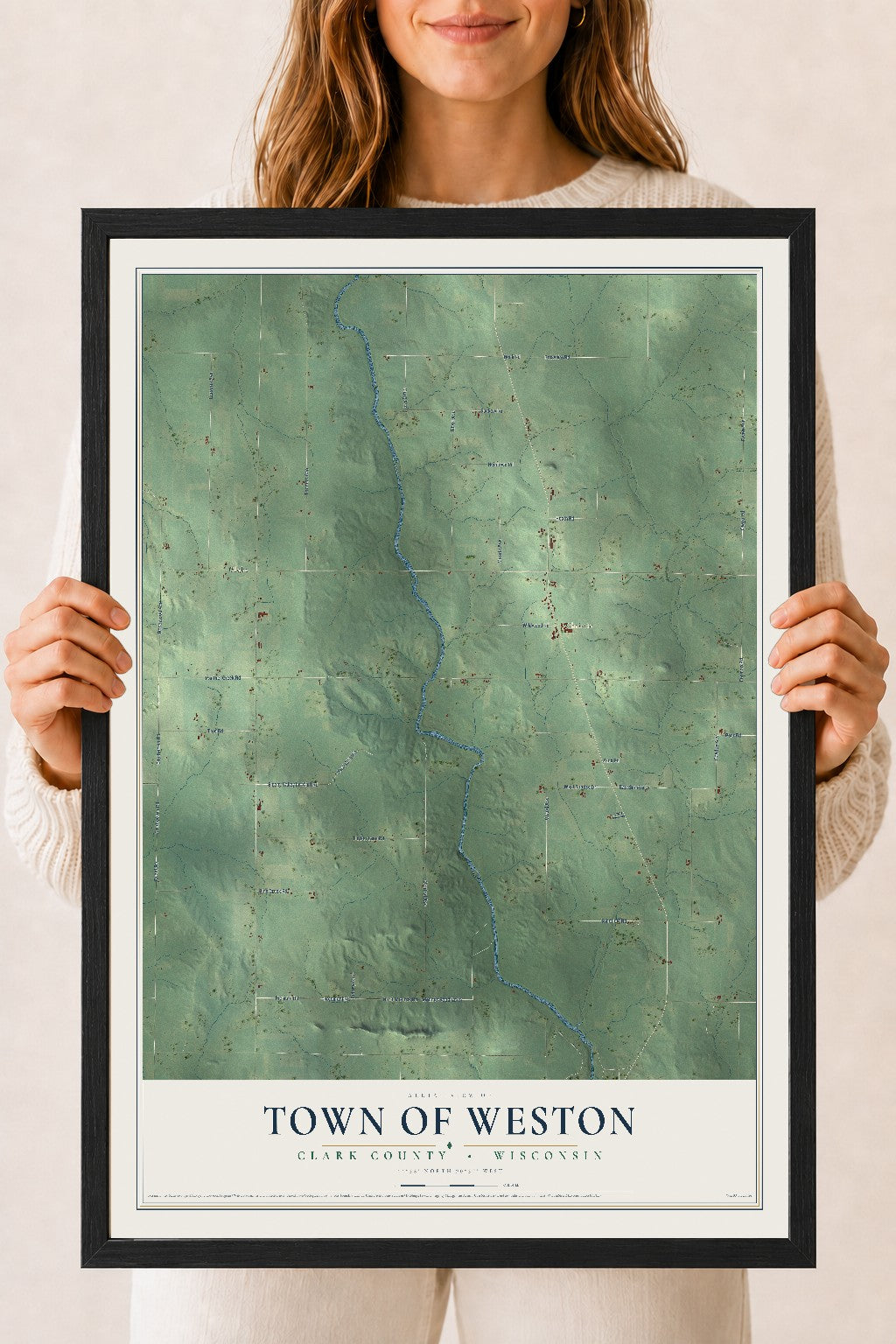 Map of the Town of Weston, Clark County, Wisconsin, 18 x 24 inch print in a black wood frame