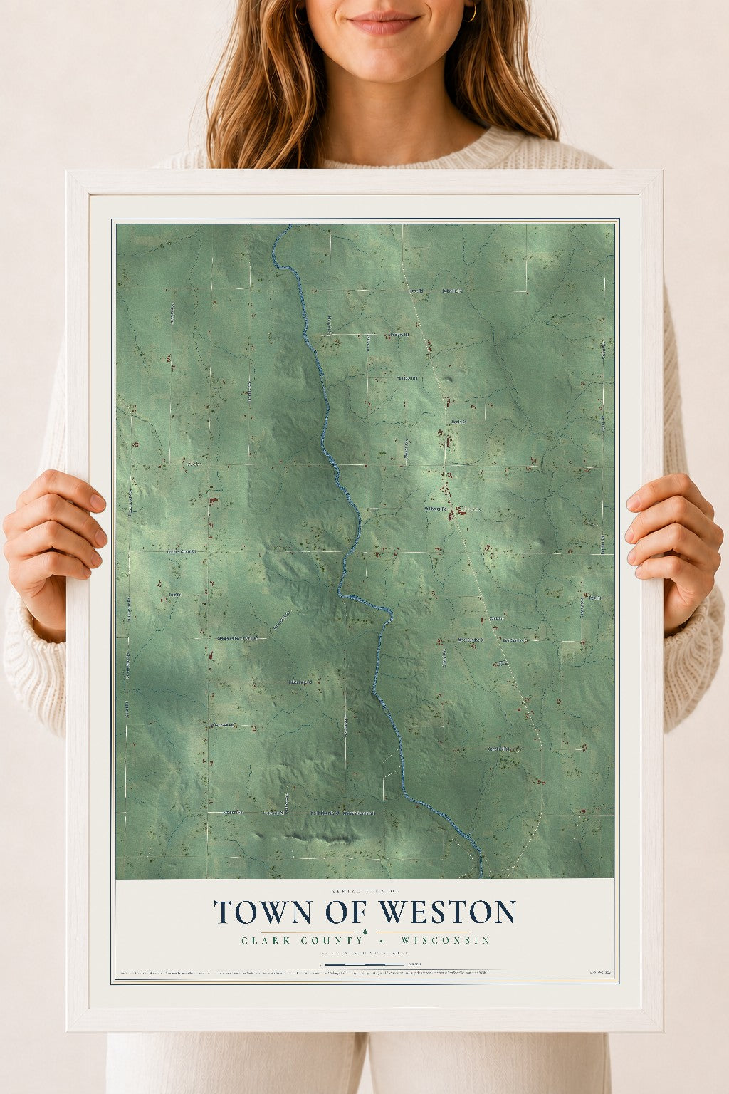 Map of the Town of Weston, Clark County, Wisconsin, 18 x 24 inch print in a white wood frame