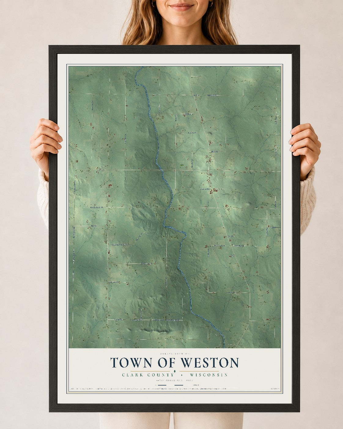 Map of the Town of Weston, Clark County, Wisconsin, 24 x 36 inch print in a black wood frame