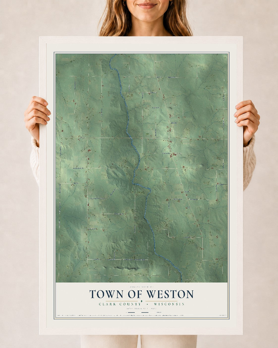 Map of the Town of Weston, Clark County, Wisconsin, 24 x 36 inch print in a white wood frame
