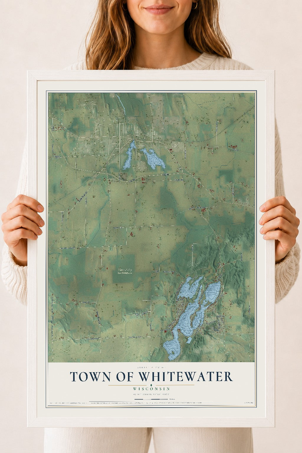 Map of the Town of Whitewater, Wisconsin, 18 x 24 inch print in a white wood frame