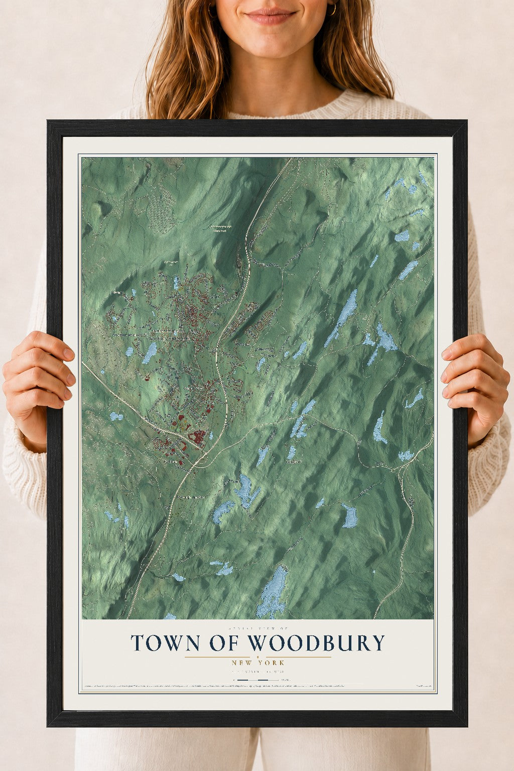 Map of the Town of Woodbury, New York, 18 x 24 inch print in a black wood frame