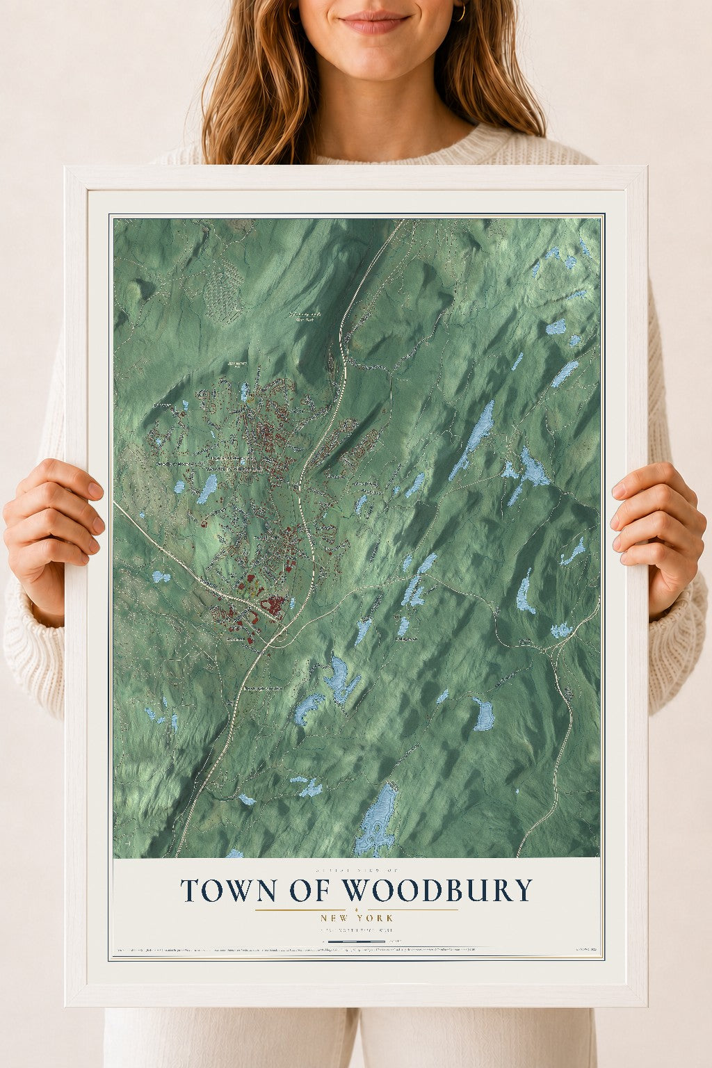 Map of the Town of Woodbury, New York, 18 x 24 inch print in a white wood frame