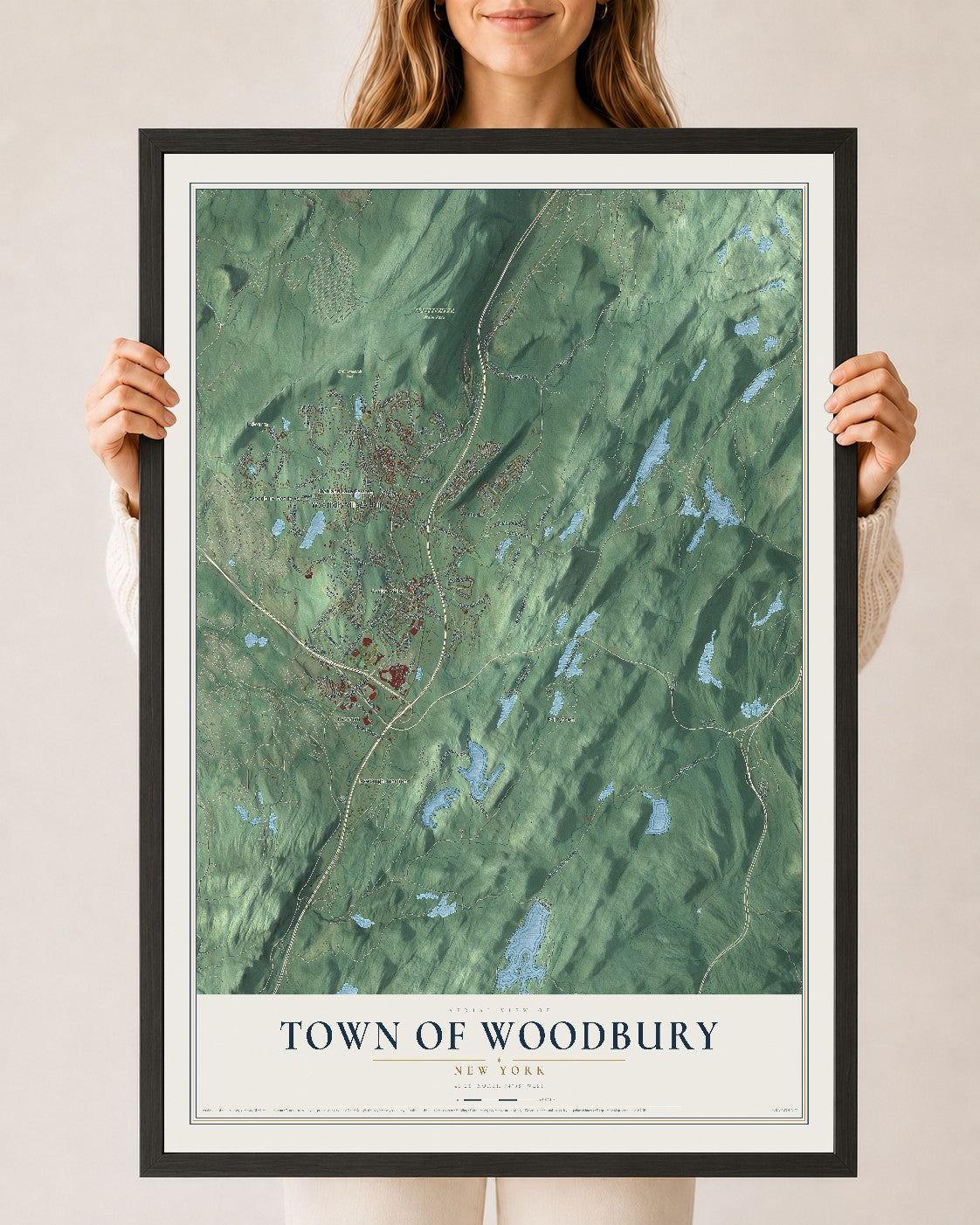 Map of the Town of Woodbury, New York, 24 x 36 inch print in a black wood frame