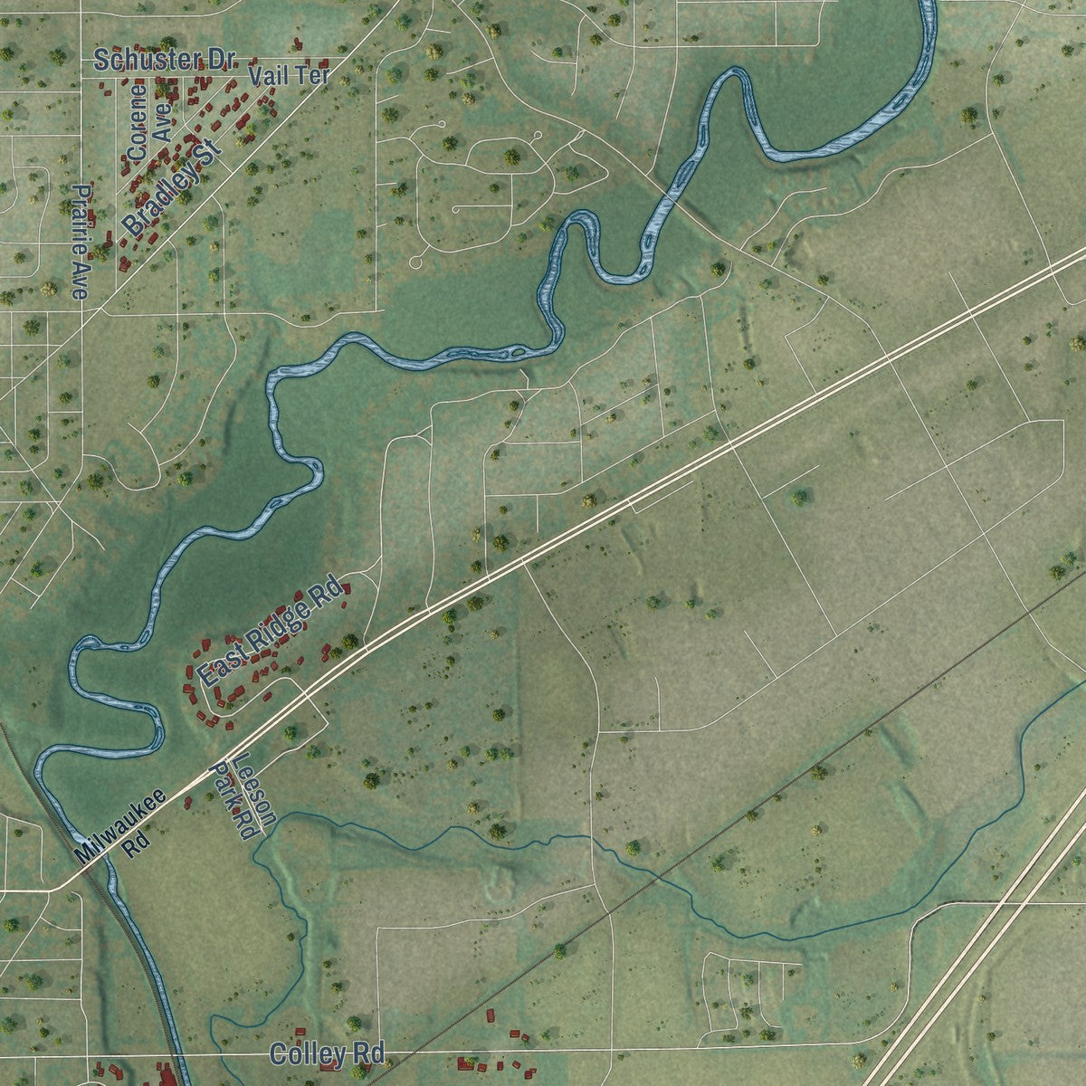 Close-up of the map of Turtle, Wisconsin print showing street and building detail