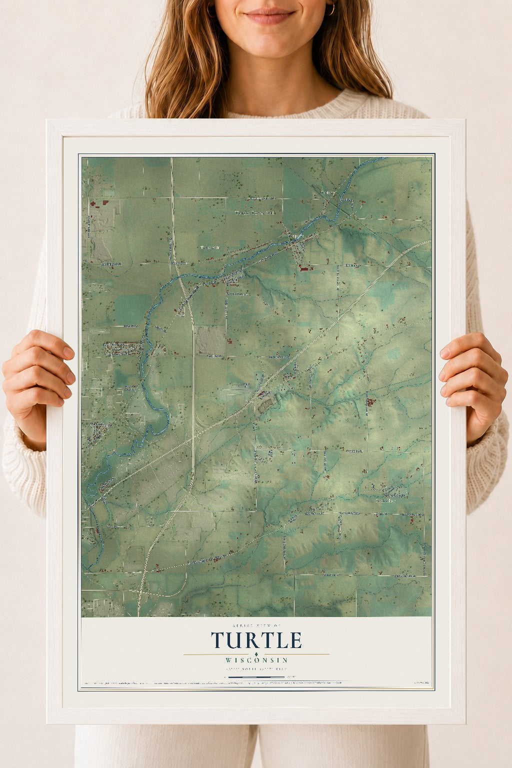 Map of Turtle, Wisconsin, 18 x 24 inch print in a white wood frame