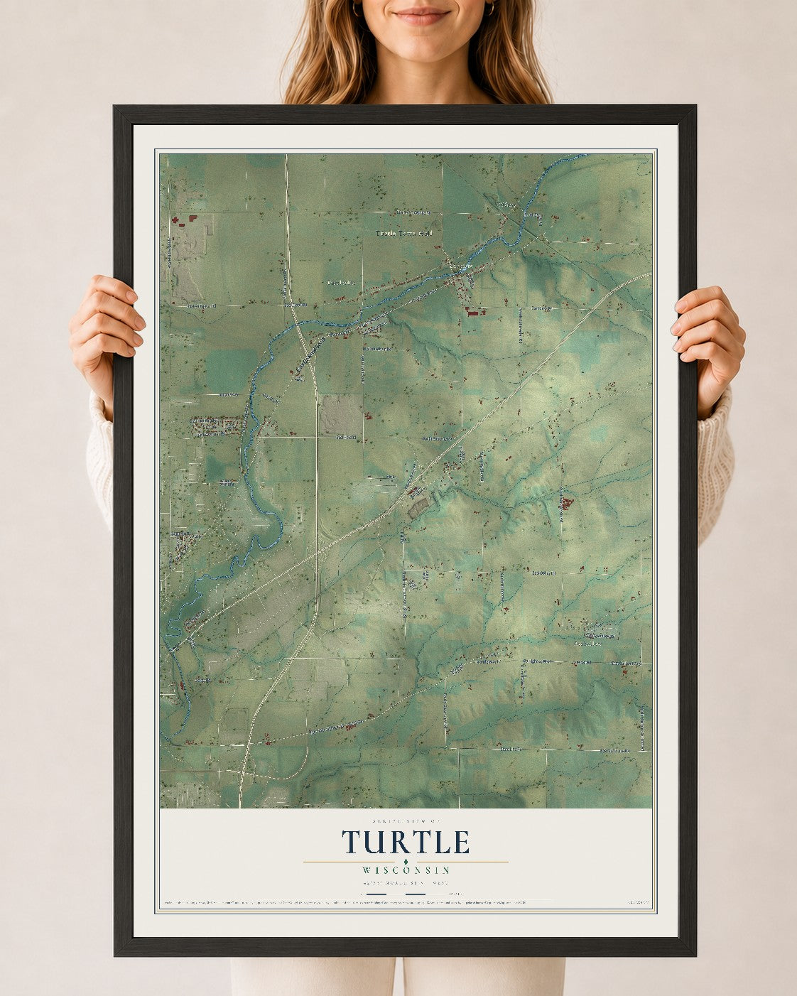 Map of Turtle, Wisconsin, 24 x 36 inch print in a black wood frame