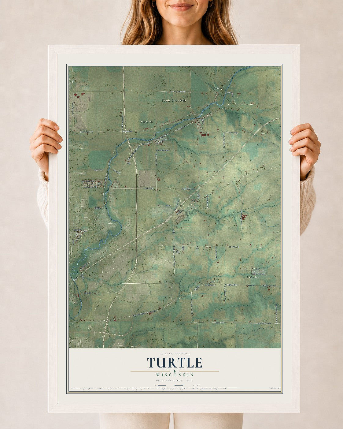 Map of Turtle, Wisconsin, 24 x 36 inch print in a white wood frame