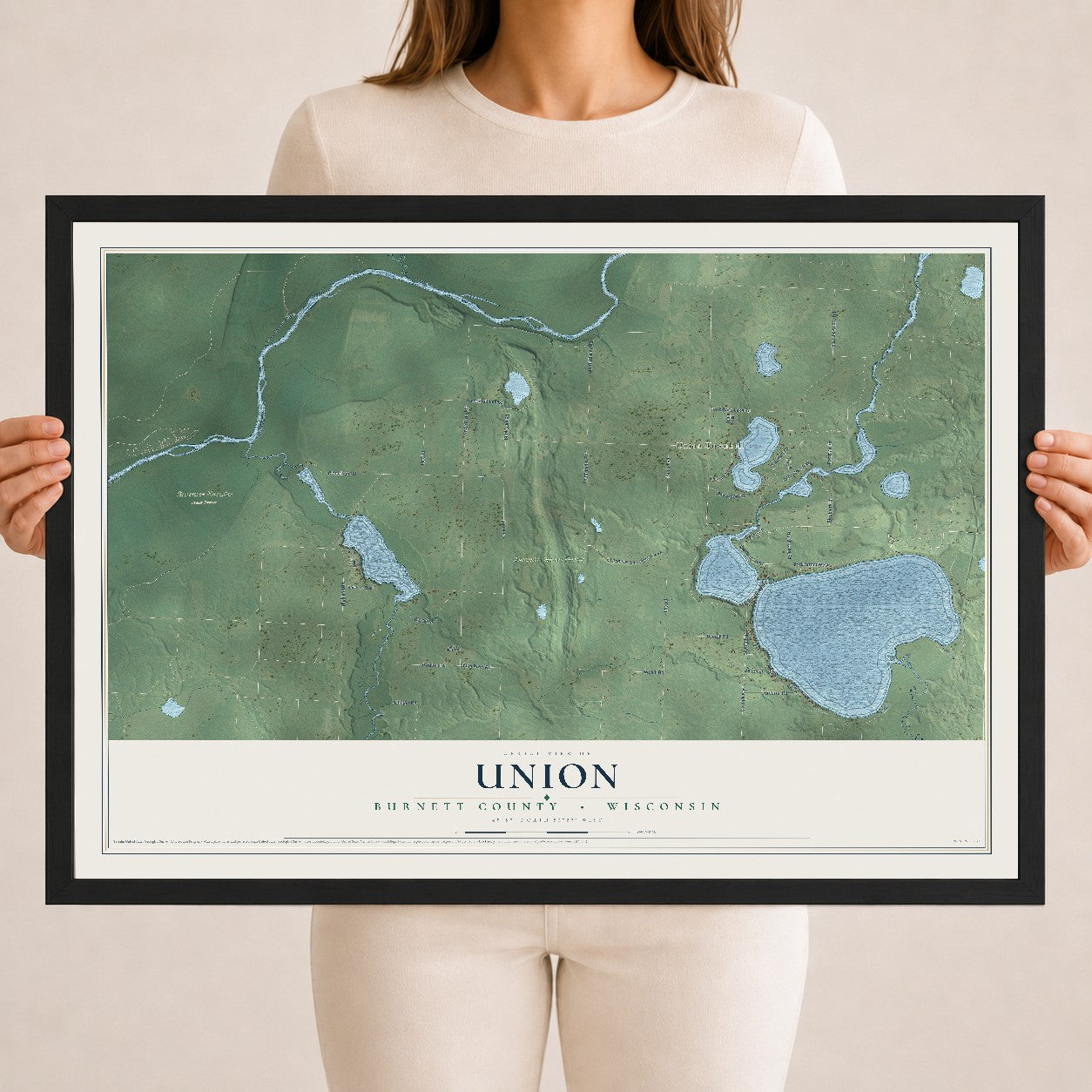 Map of Union, Burnett County, Wisconsin, 18 x 24 inch print in a black wood frame
