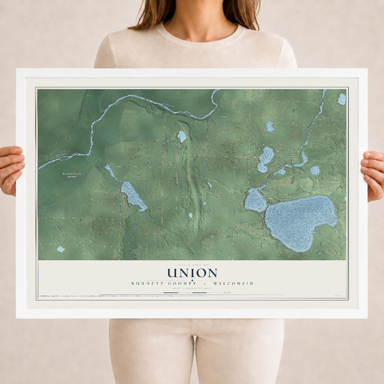 Map of Union, Burnett County, Wisconsin, 18 x 24 inch print in a white wood frame