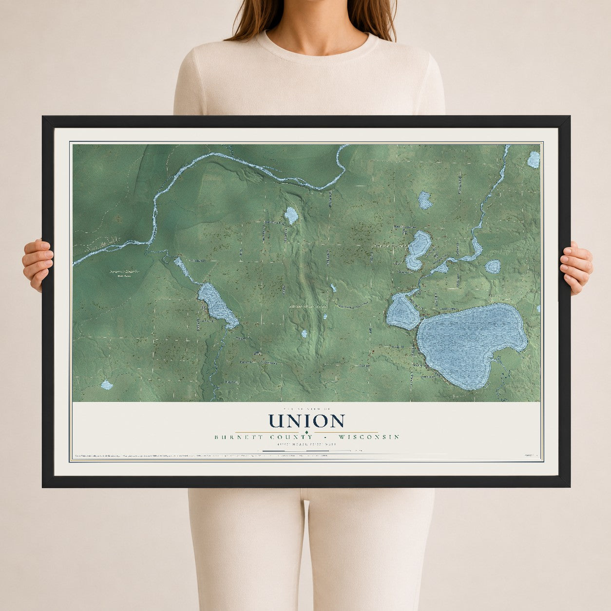 Map of Union, Burnett County, Wisconsin, 24 x 36 inch print in a black wood frame
