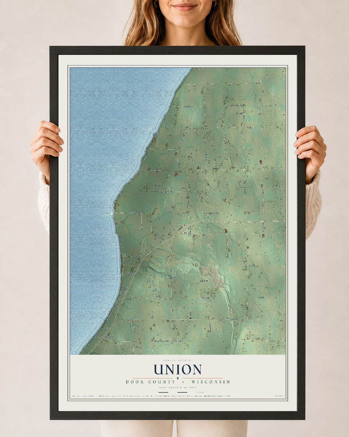 Map of Union, Door County, Wisconsin, 24 x 36 inch print in a black wood frame
