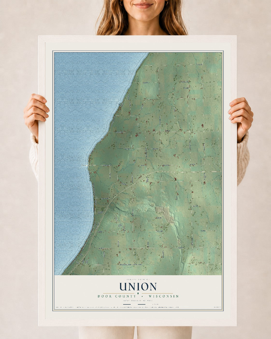 Map of Union, Door County, Wisconsin, 24 x 36 inch print in a white wood frame