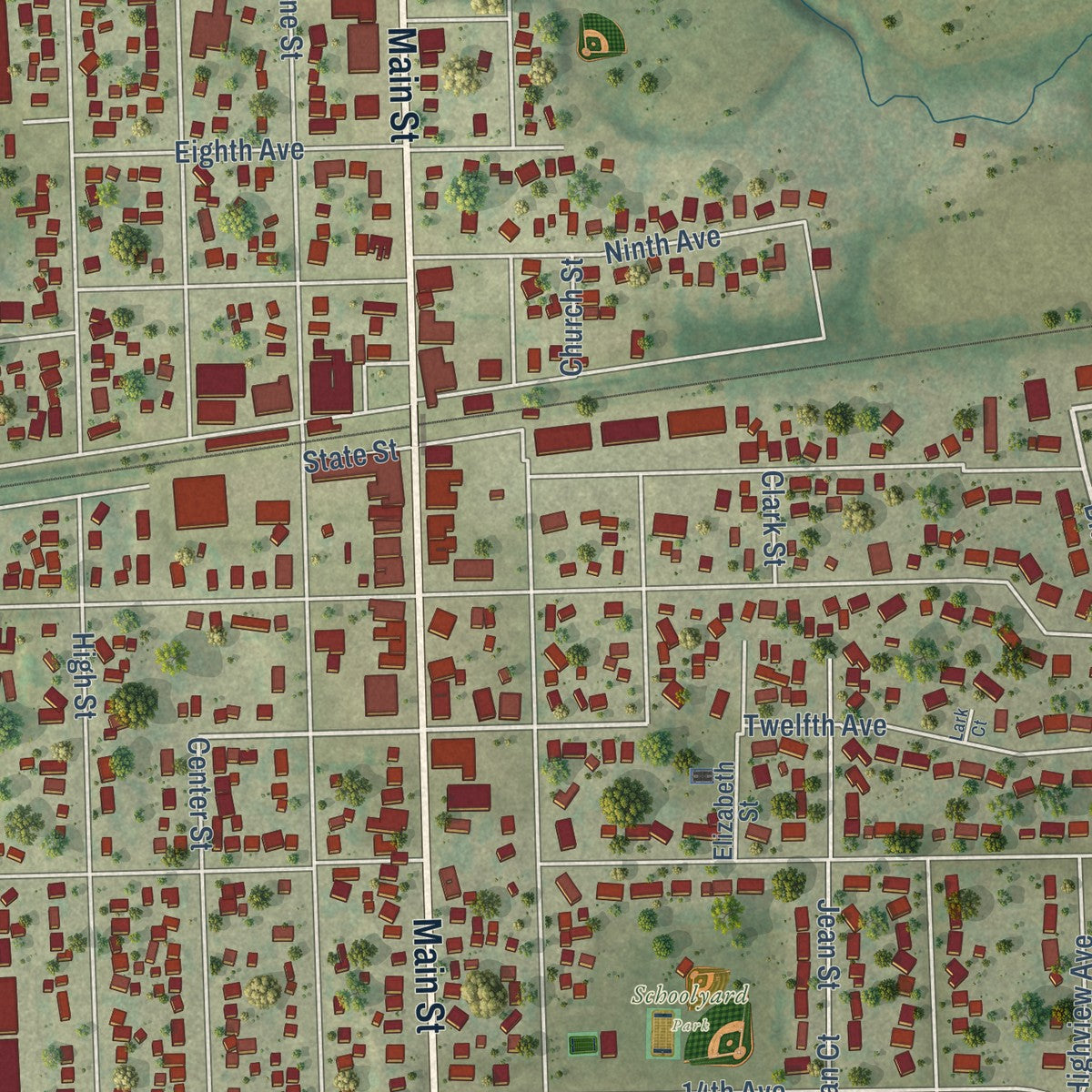 Close-up of the map of Union Grove, Wisconsin print showing street and building detail