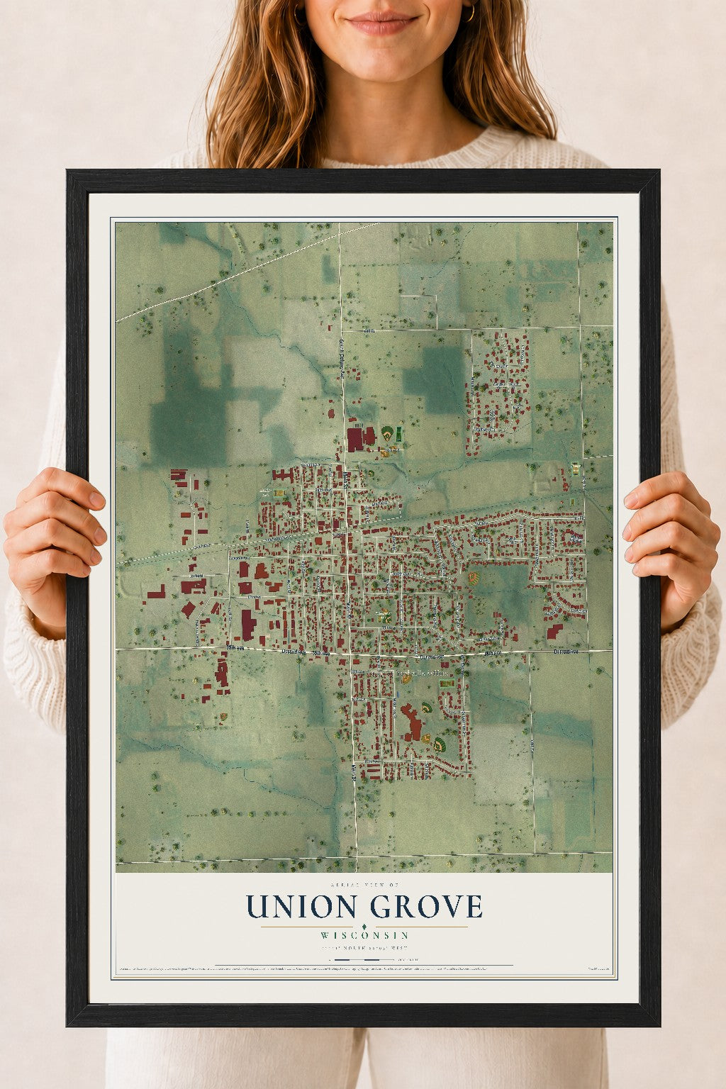 Map of Union Grove, Wisconsin, 18 x 24 inch print in a black wood frame