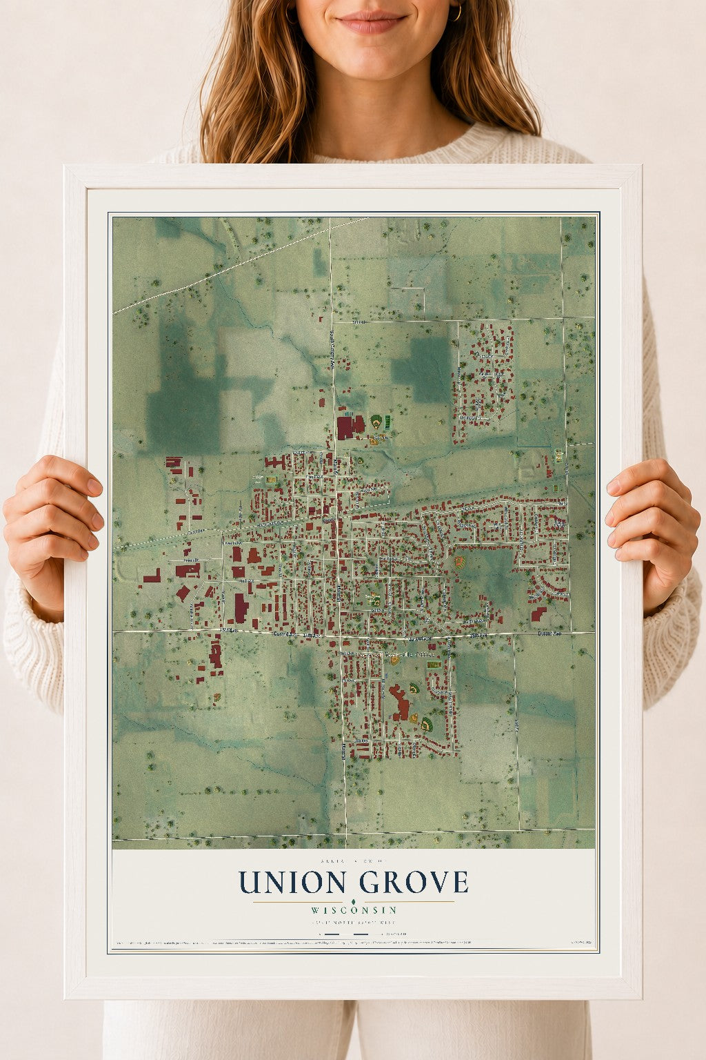 Map of Union Grove, Wisconsin, 18 x 24 inch print in a white wood frame