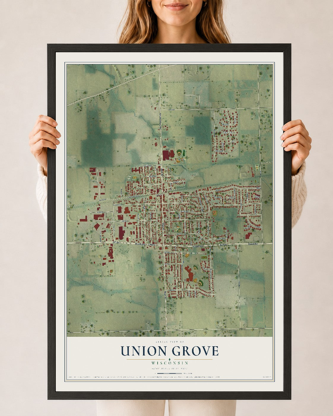 Map of Union Grove, Wisconsin, 24 x 36 inch print in a black wood frame
