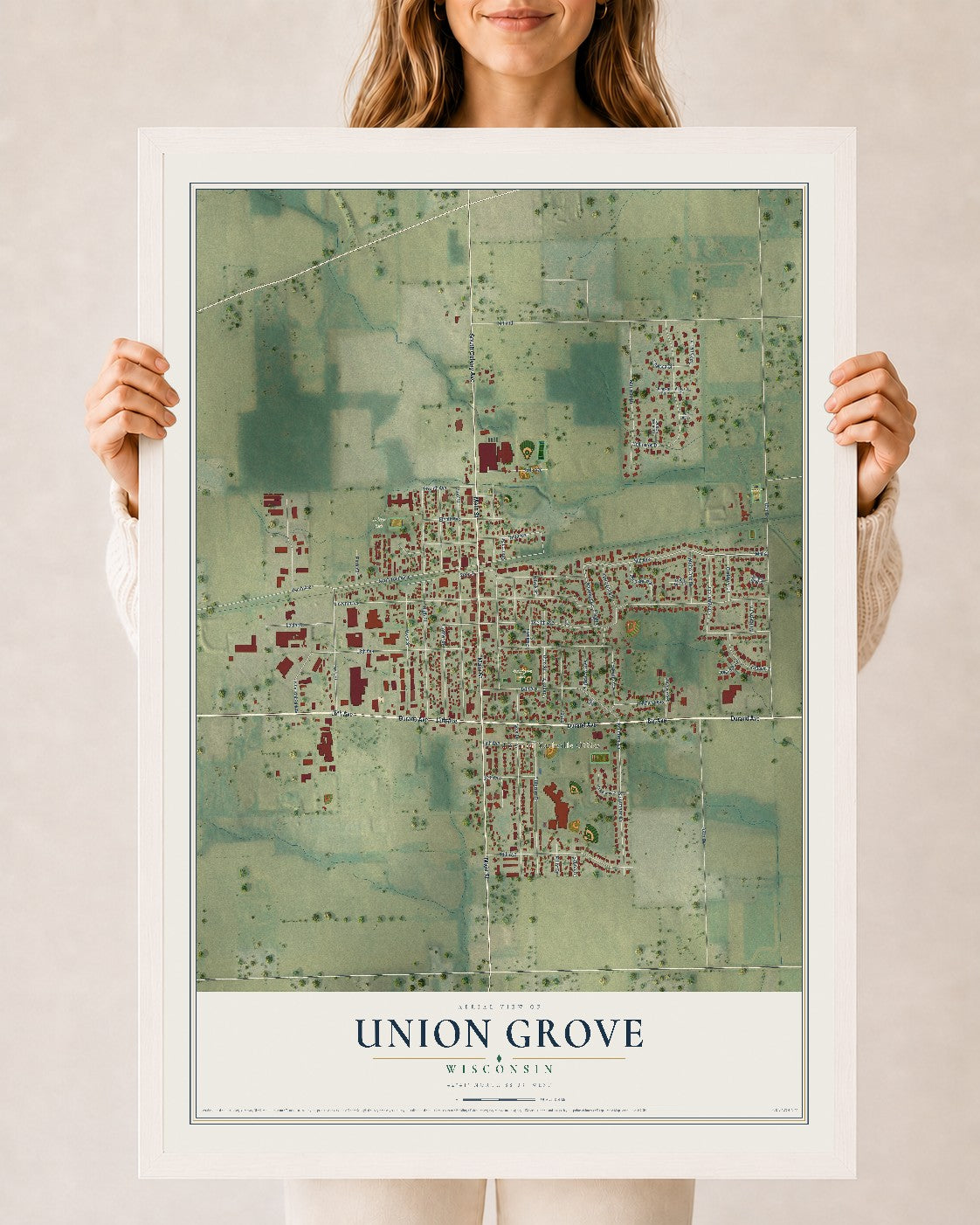 Map of Union Grove, Wisconsin, 24 x 36 inch print in a white wood frame
