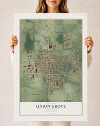 Map of Union Grove, Wisconsin, 24 x 36 inch print in a white wood frame