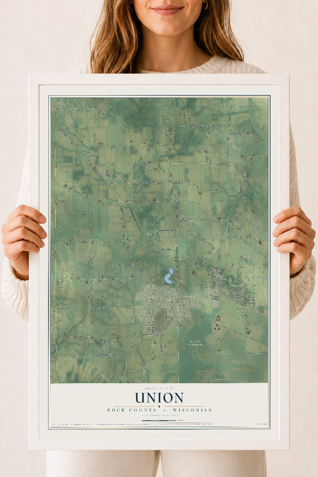 Map of Union, Rock County, Wisconsin, 18 x 24 inch print in a white wood frame