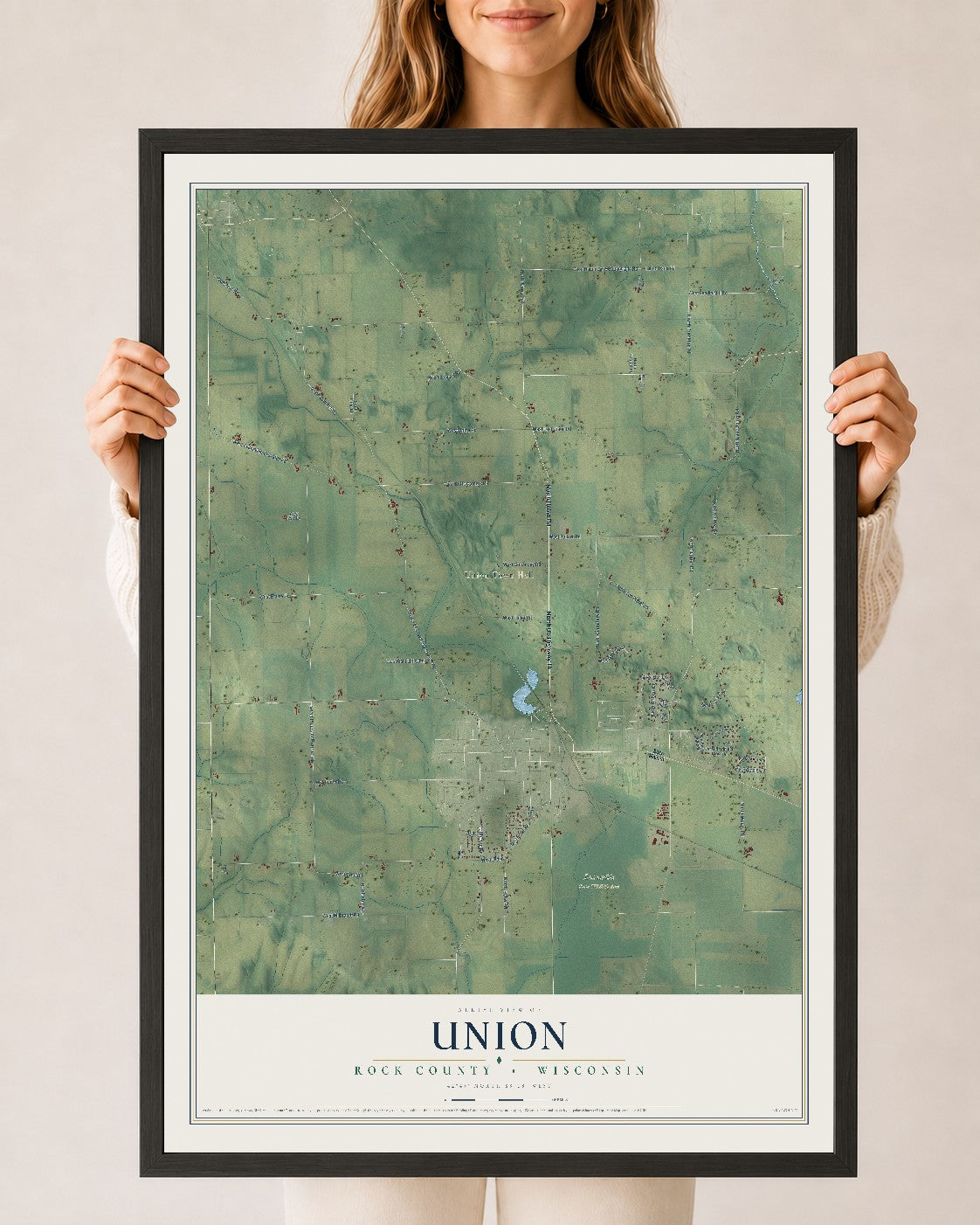 Map of Union, Rock County, Wisconsin, 24 x 36 inch print in a black wood frame