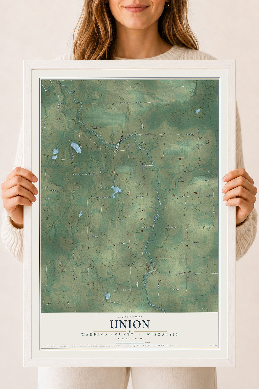 Map of Union, Waupaca County, Wisconsin, 18 x 24 inch print in a white wood frame
