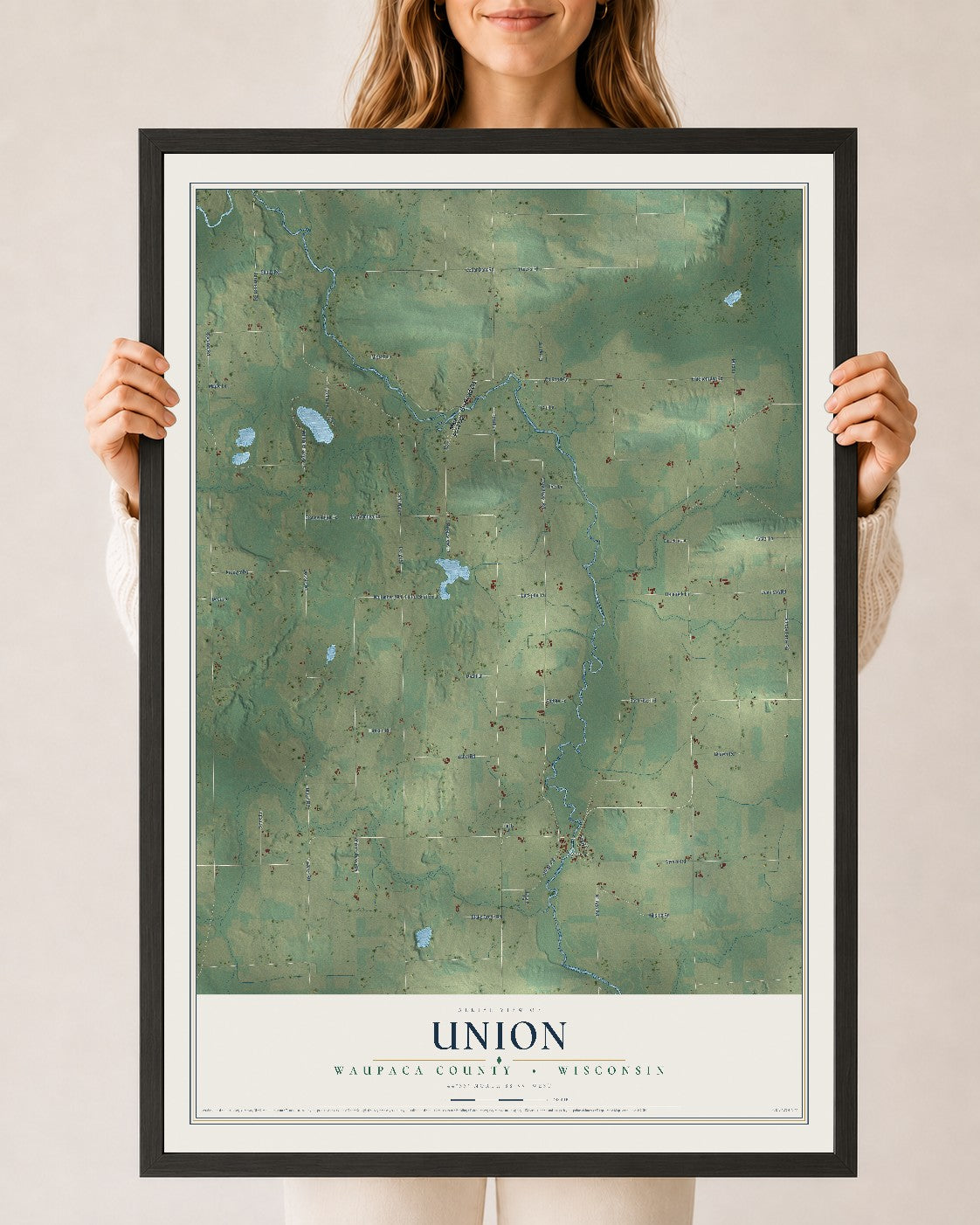 Map of Union, Waupaca County, Wisconsin, 24 x 36 inch print in a black wood frame