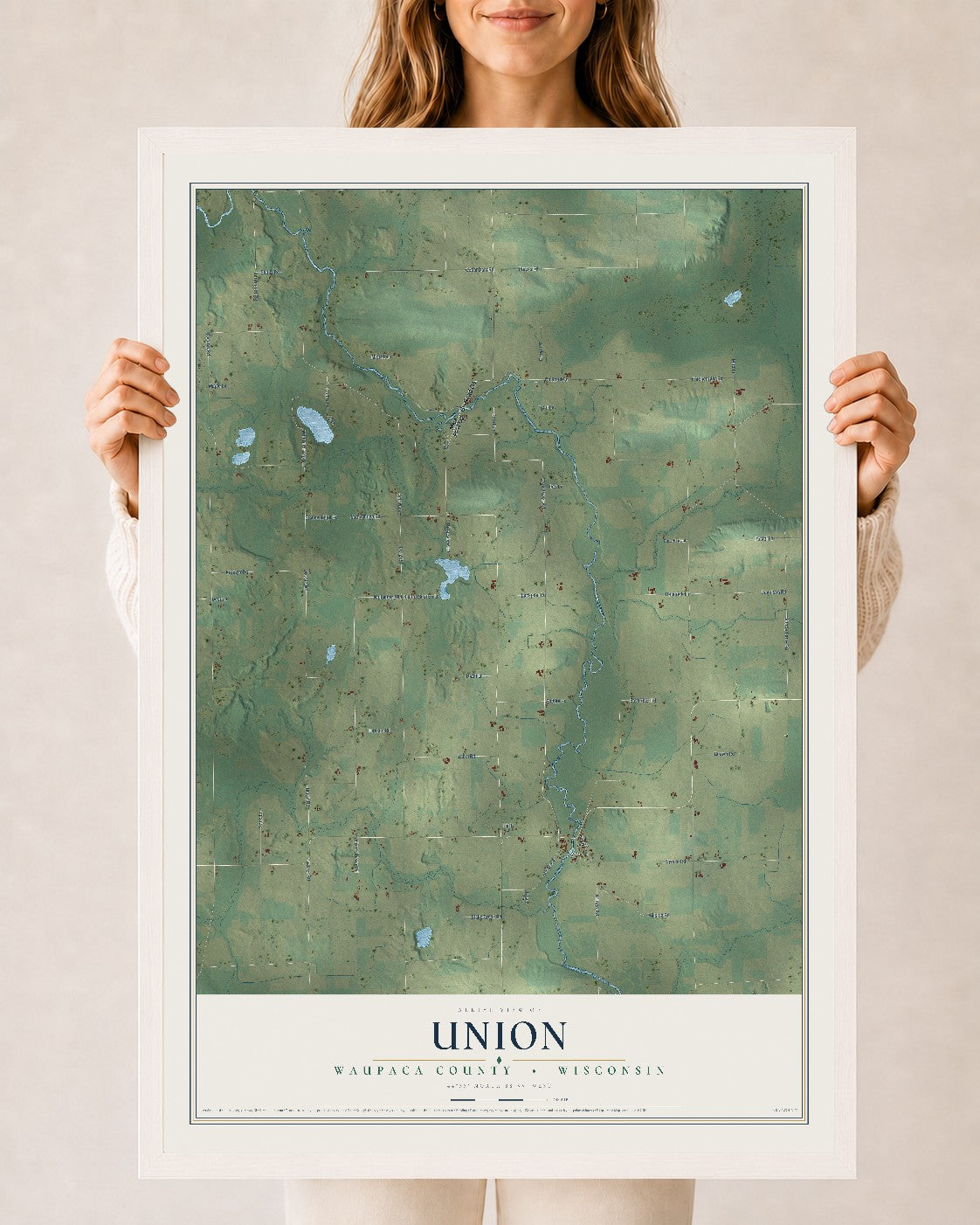 Map of Union, Waupaca County, Wisconsin, 24 x 36 inch print in a white wood frame