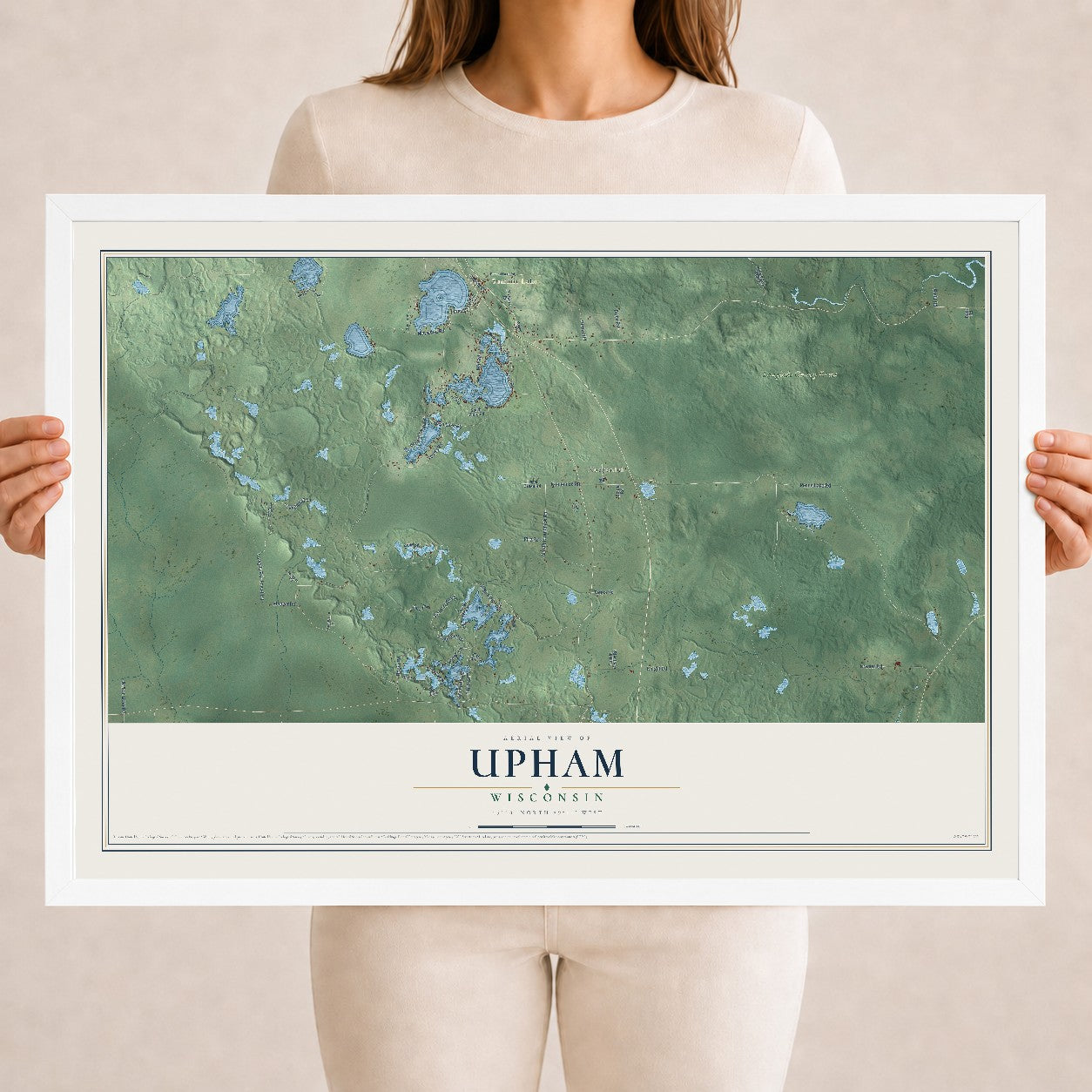 Map of Upham, Wisconsin, 18 x 24 inch print in a white wood frame