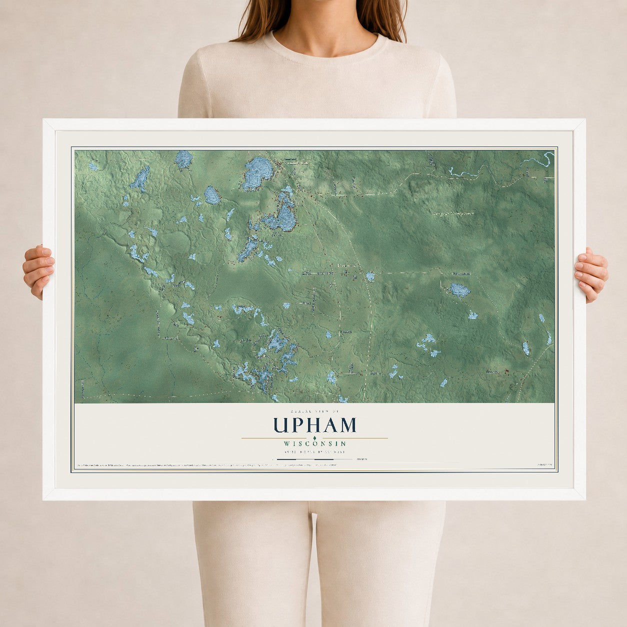 Map of Upham, Wisconsin, 24 x 36 inch print in a white wood frame