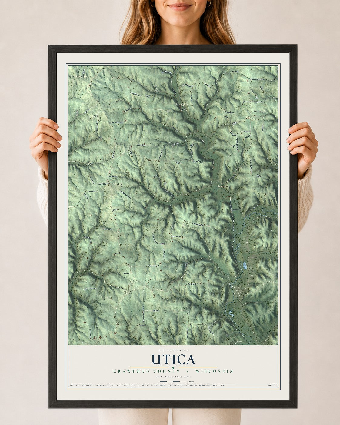 Map of Utica, Crawford County, Wisconsin, 24 x 36 inch print in a black wood frame
