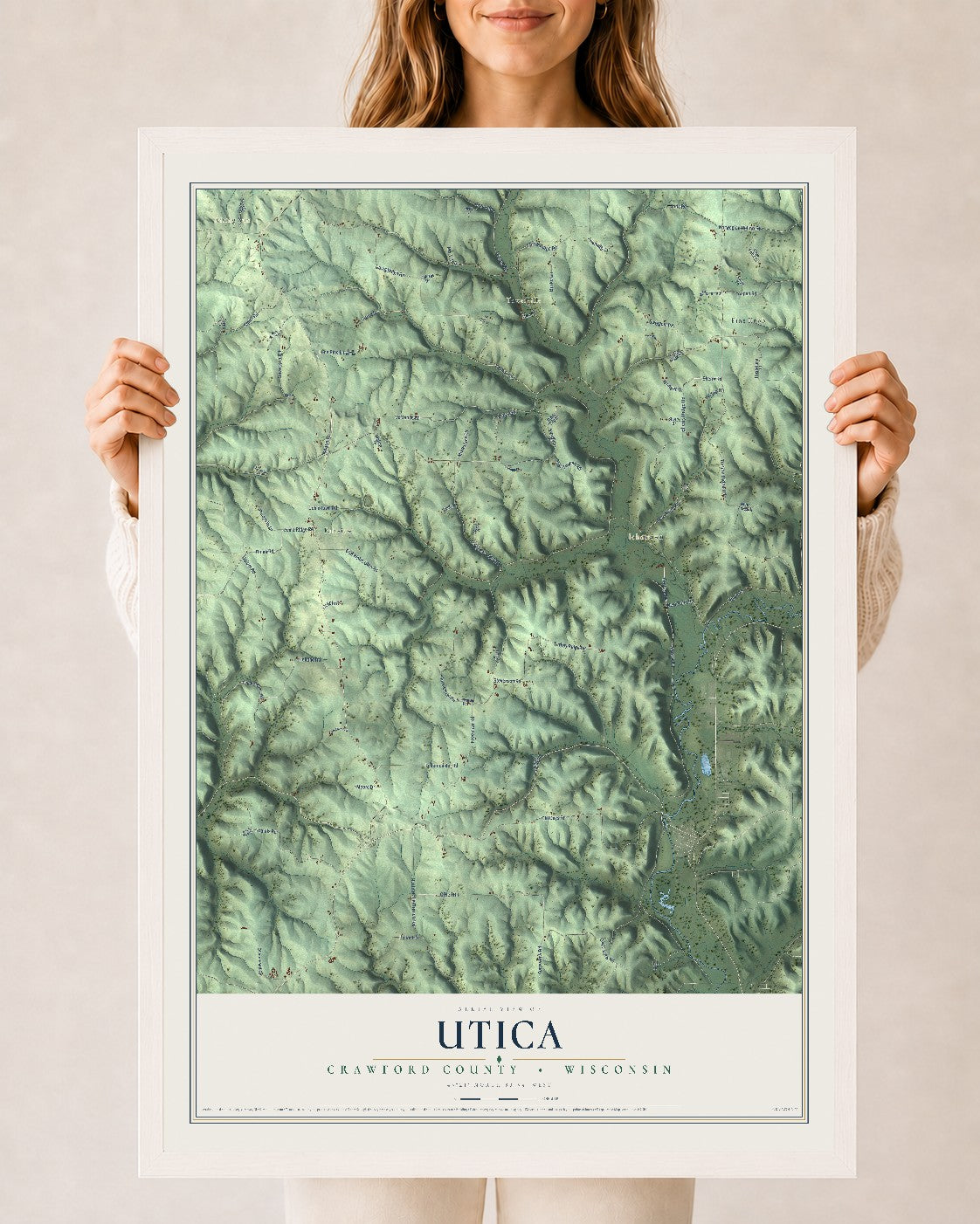 Map of Utica, Crawford County, Wisconsin, 24 x 36 inch print in a white wood frame