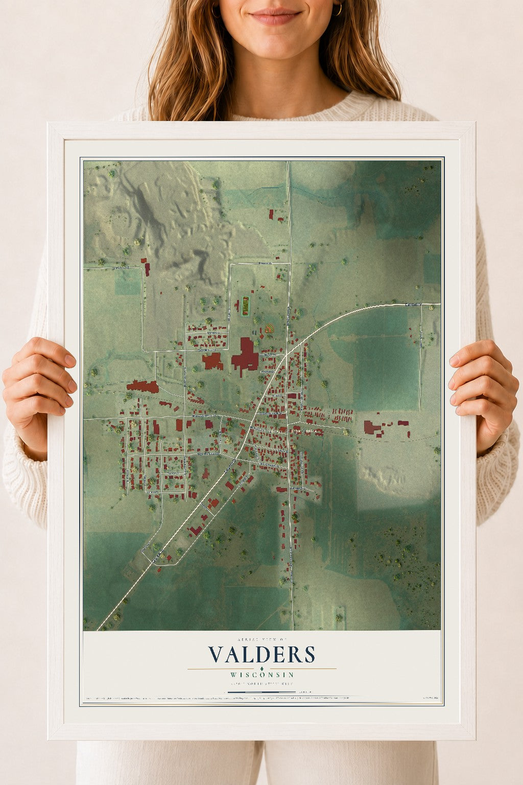 Map of Valders, Wisconsin, 18 x 24 inch print in a white wood frame