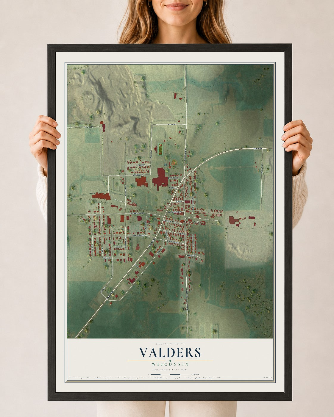 Map of Valders, Wisconsin, 24 x 36 inch print in a black wood frame