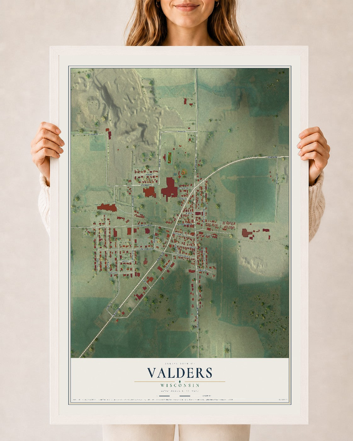 Map of Valders, Wisconsin, 24 x 36 inch print in a white wood frame