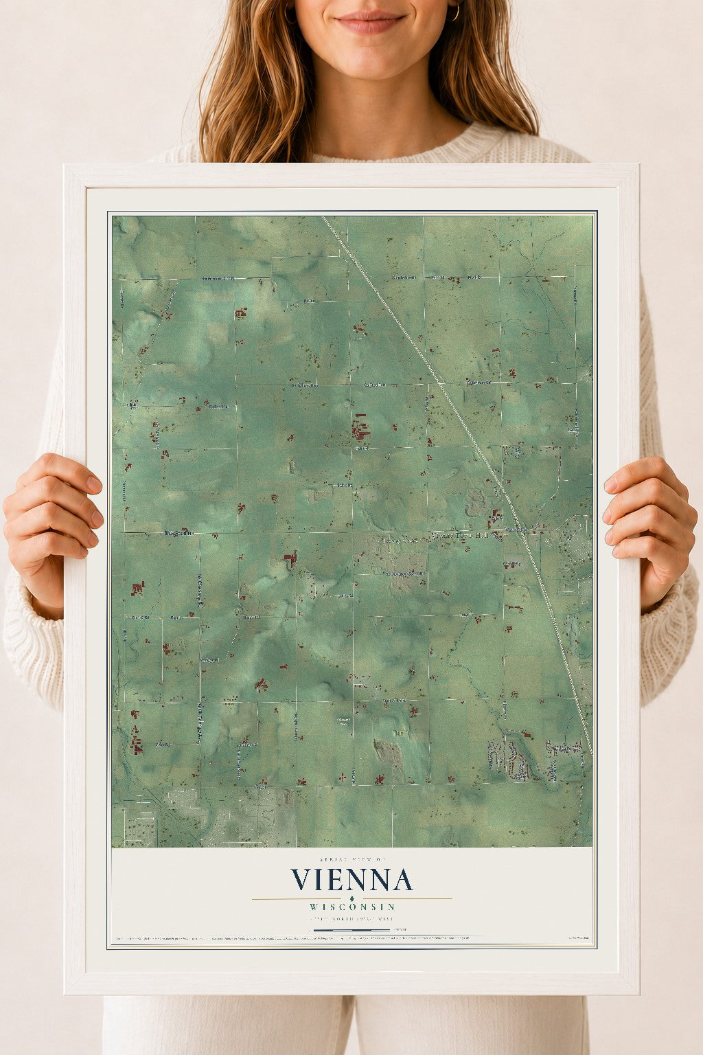 Map of Vienna, Wisconsin, 18 x 24 inch print in a white wood frame