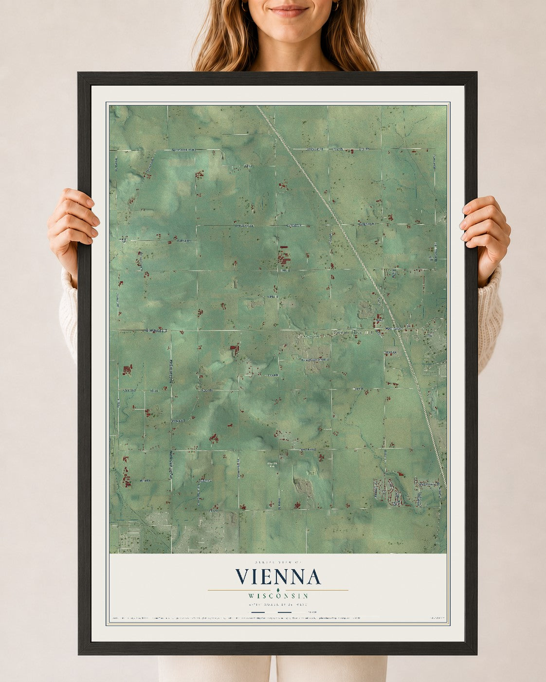 Map of Vienna, Wisconsin, 24 x 36 inch print in a black wood frame