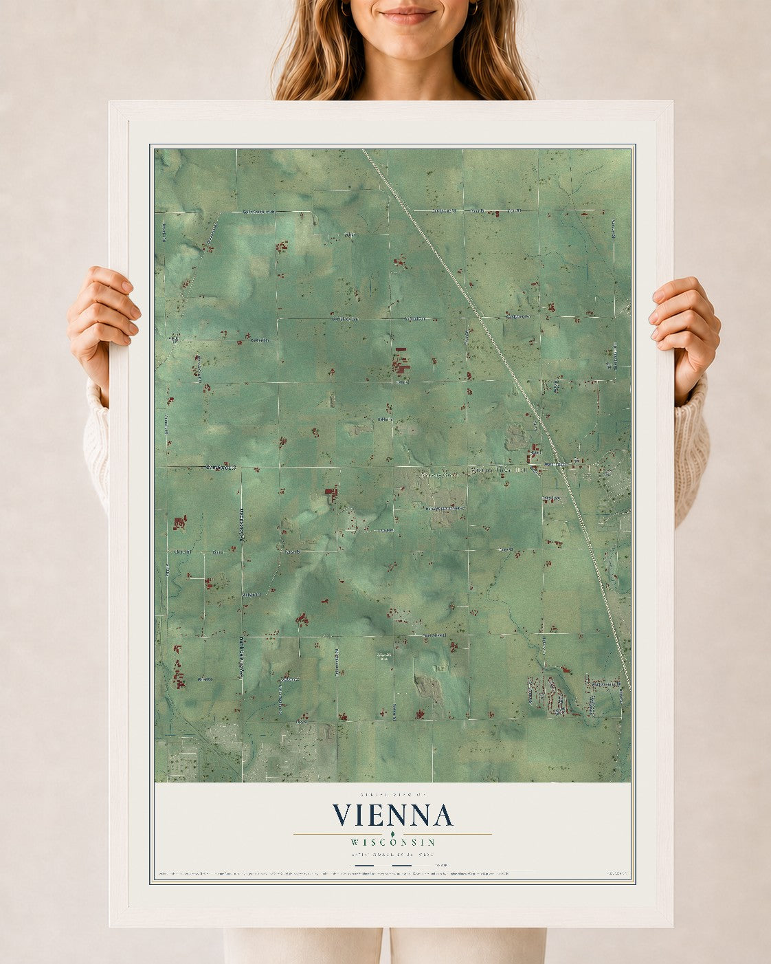 Map of Vienna, Wisconsin, 24 x 36 inch print in a white wood frame
