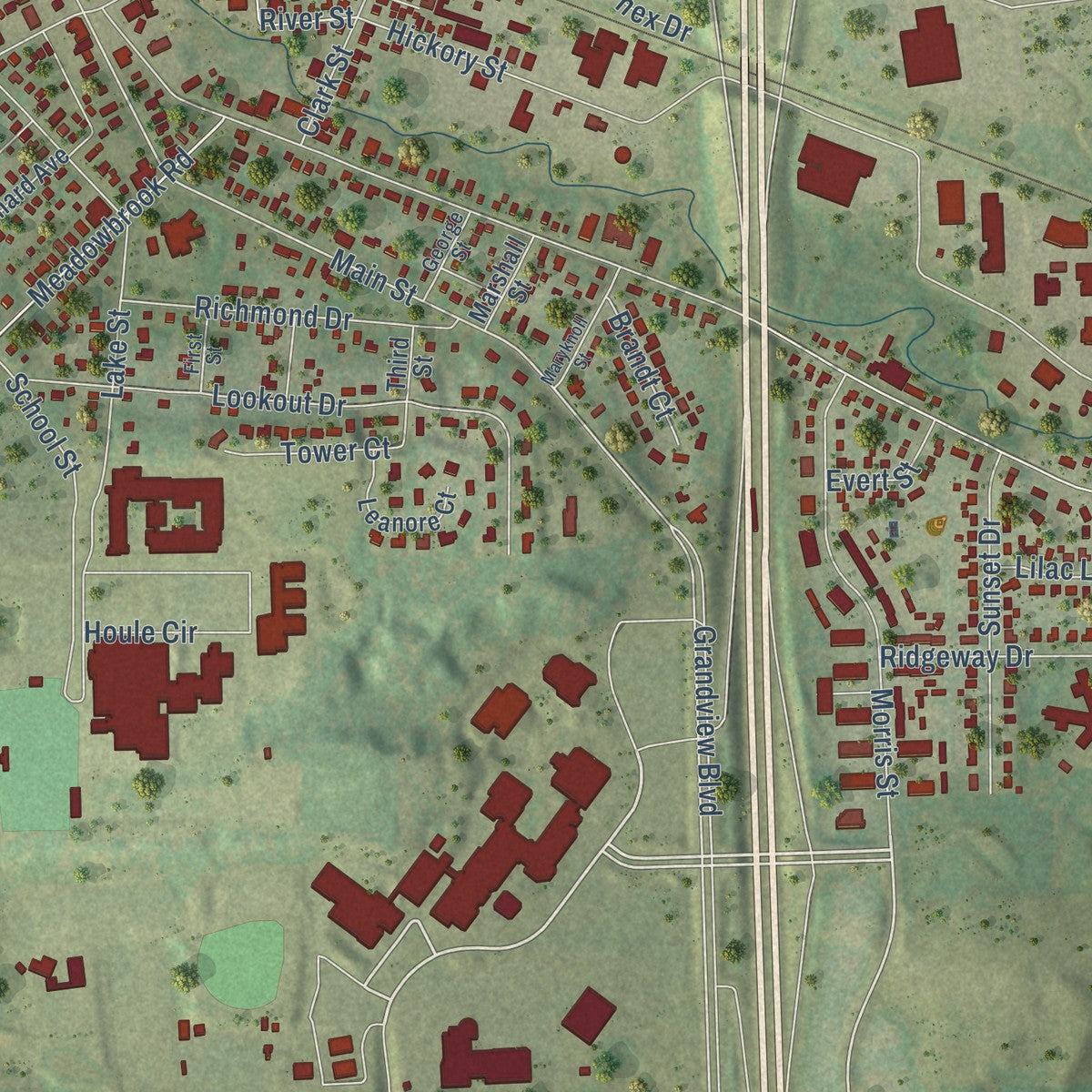 Close-up of the map of the Village of Pewaukee, Wisconsin print showing street and building detail