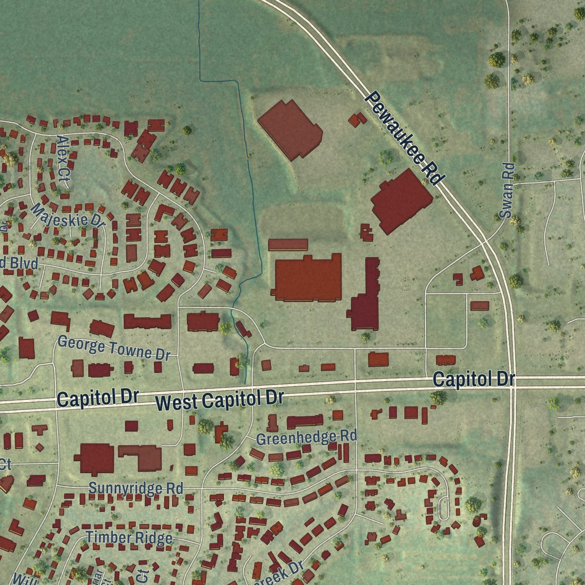 Second close-up of the map of the Village of Pewaukee, Wisconsin print showing more streets and buildings
