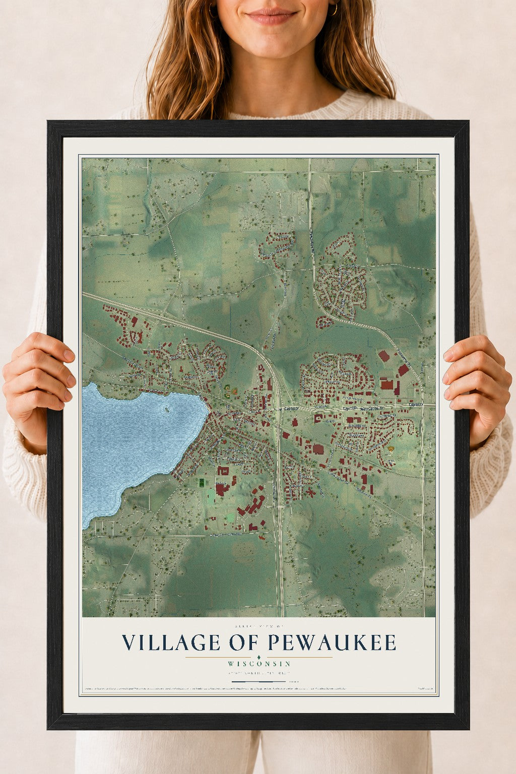 Map of the Village of Pewaukee, Wisconsin, 18 x 24 inch print in a black wood frame