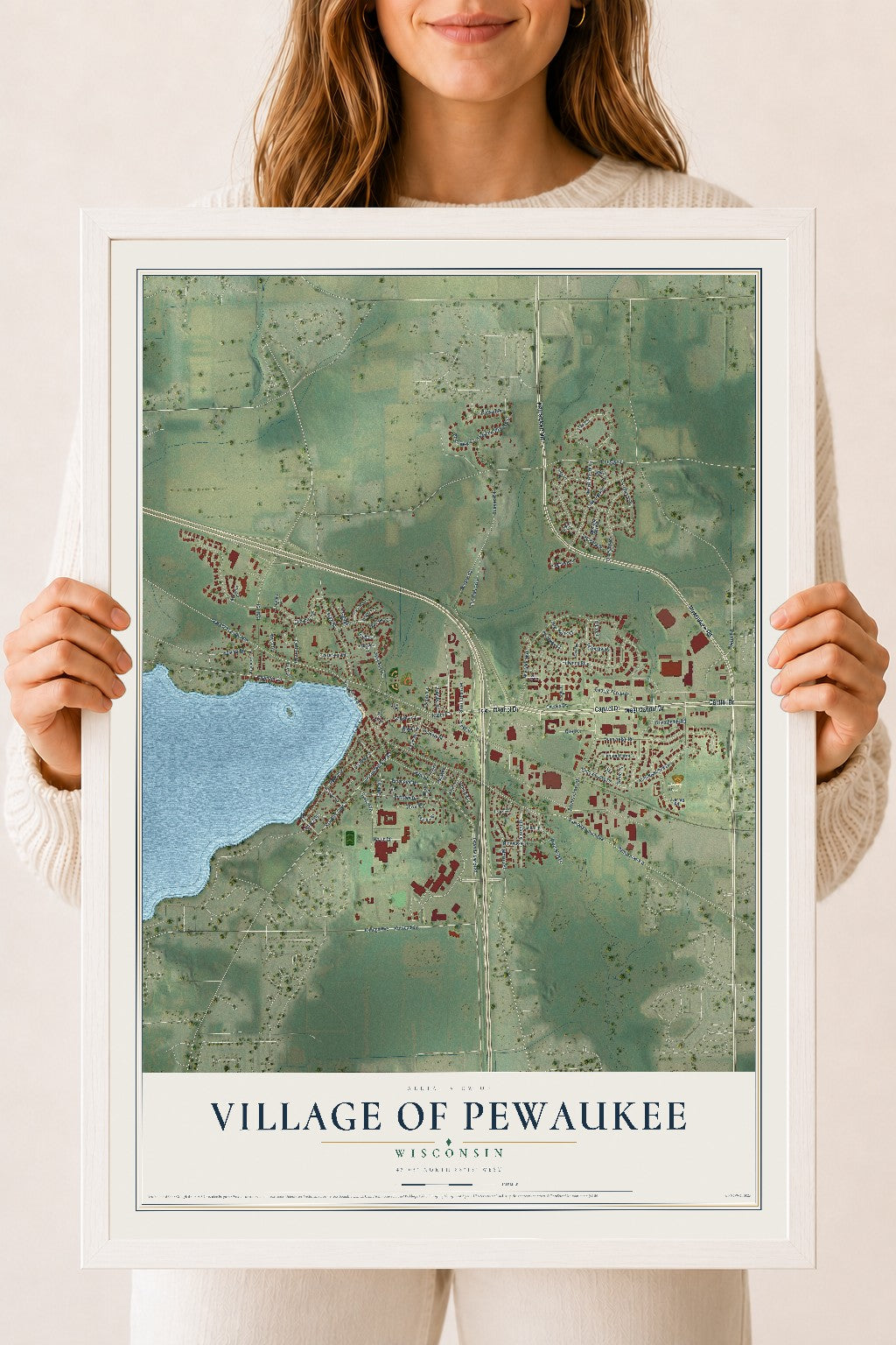 Map of the Village of Pewaukee, Wisconsin, 18 x 24 inch print in a white wood frame