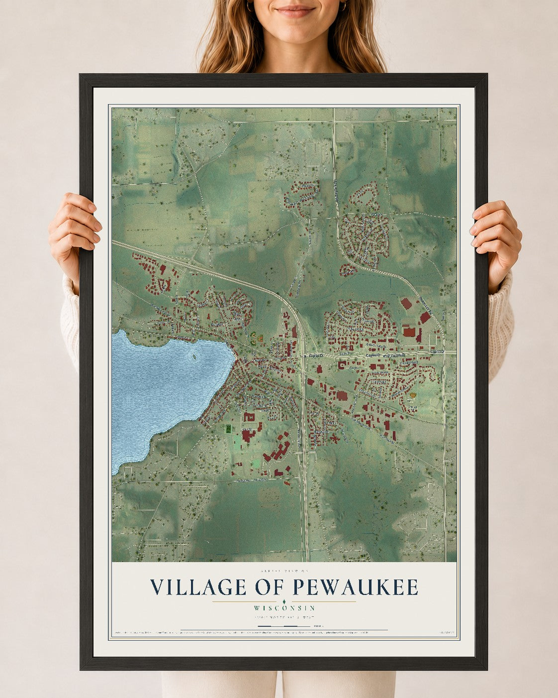 Map of the Village of Pewaukee, Wisconsin, 24 x 36 inch print in a black wood frame