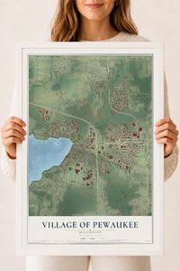 Map of the Village of Pewaukee, Wisconsin, 18 x 24 inch print in a white wood frame